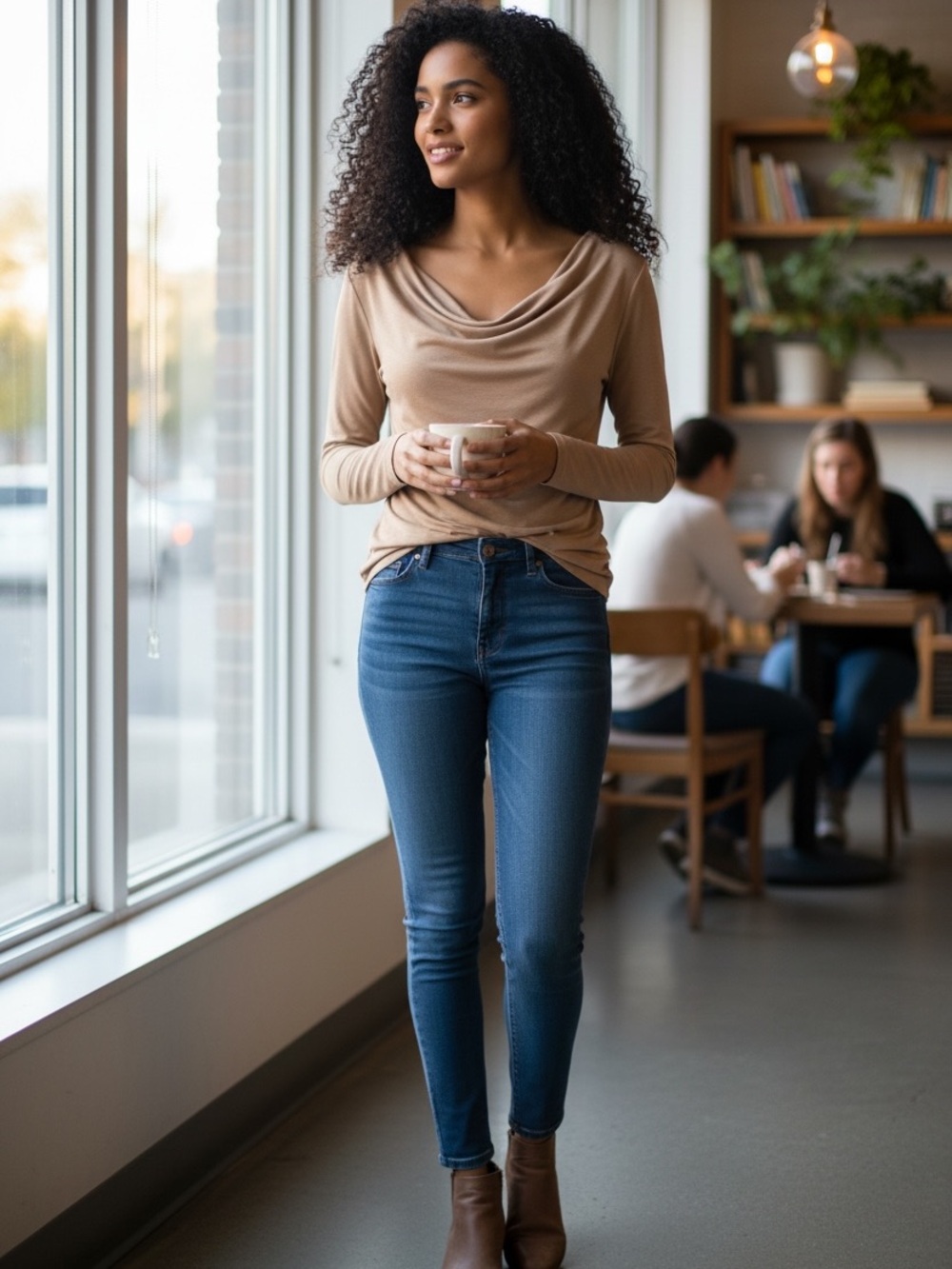 Lg Scarlett Tan Draped Blouse with Long Sleeves